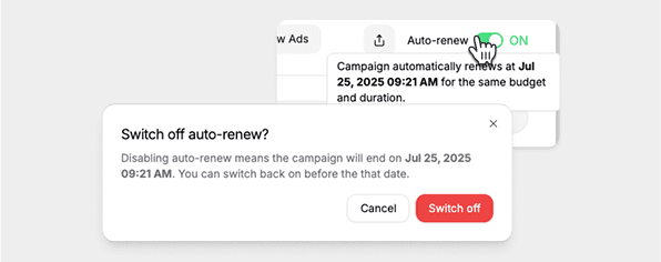 Auto-Renew feature UI showing toggle switch and confirmation dialog