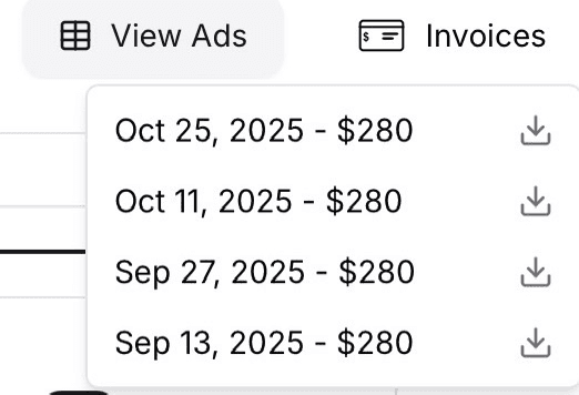 Invoices dropdown showing downloadable weekly invoices