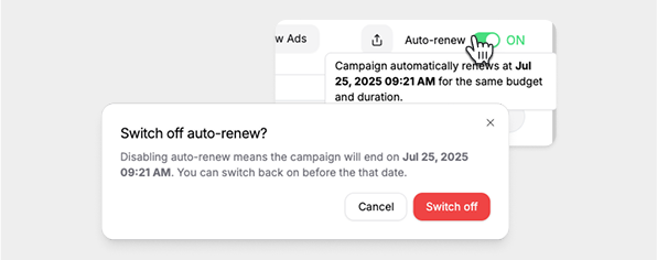 Auto-Renew feature UI showing toggle switch and confirmation dialog