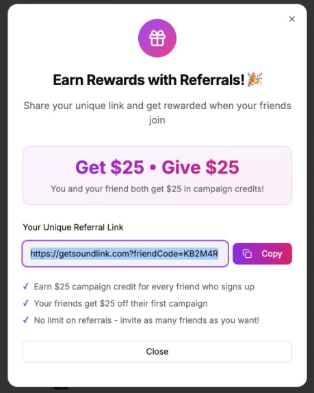 Referral program modal showing unique referral link and benefits